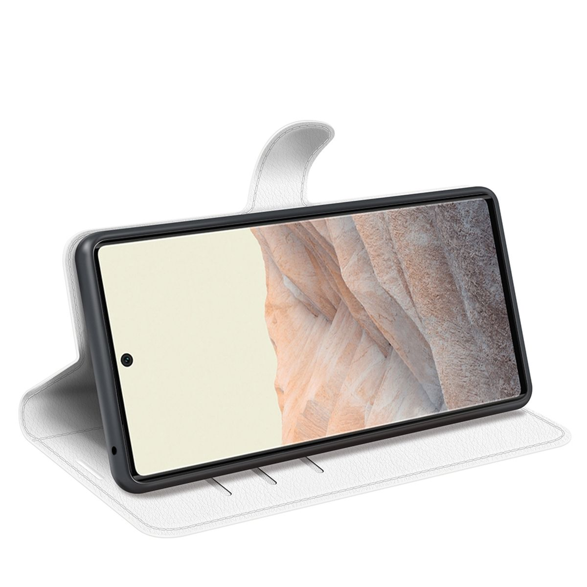 Weiße Handyhülle mit einem Telefon, das ein Bild anzeigt. Es ist offen.