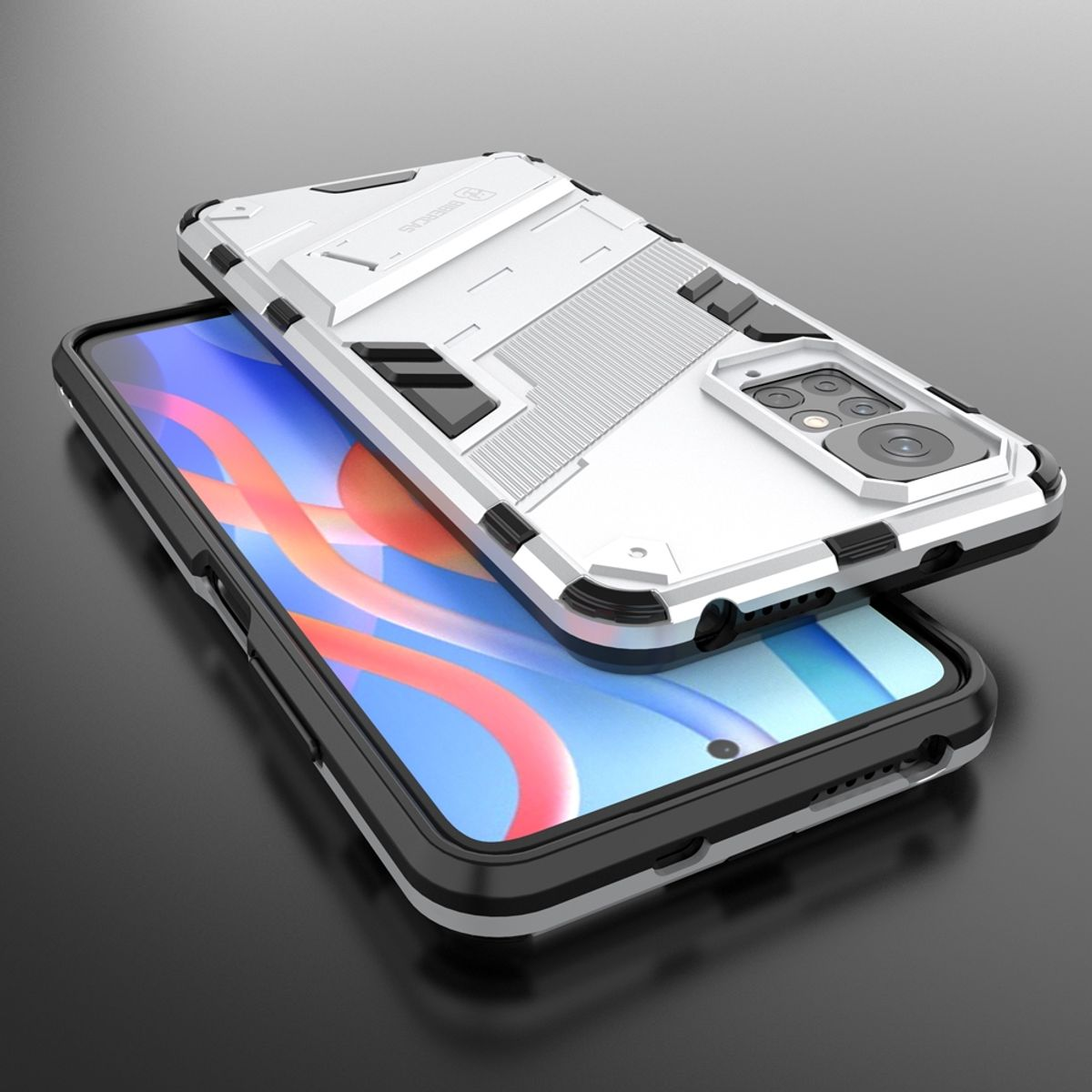 Eine weiß-graue Handyhülle mit einem Telefon. Die Handyhülle befindet sich auf einer dunklen Oberfläche.