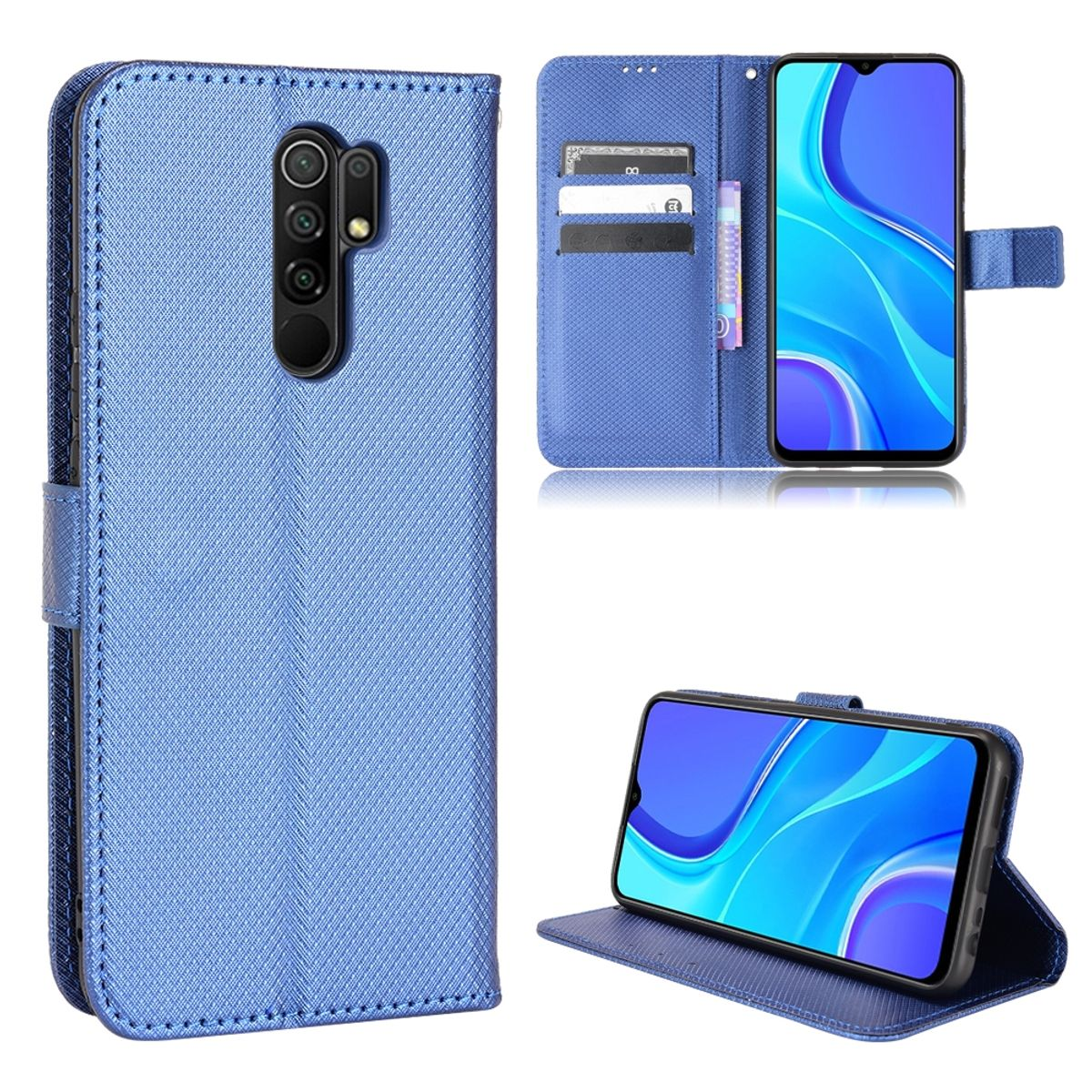 Blaue Handyhülle mit Display. Telefonbildschirm zeigt blaues Bild.