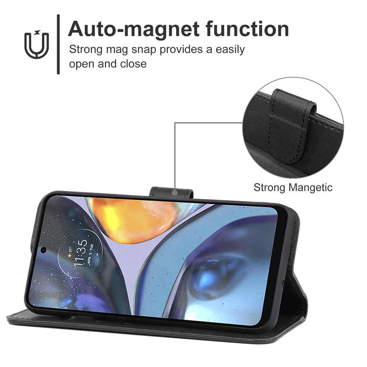 Eine schwarze Handyhülle hält ein Telefon, das einen Bildschirm mit orangefarbenen und gelben Mustern anzeigt.