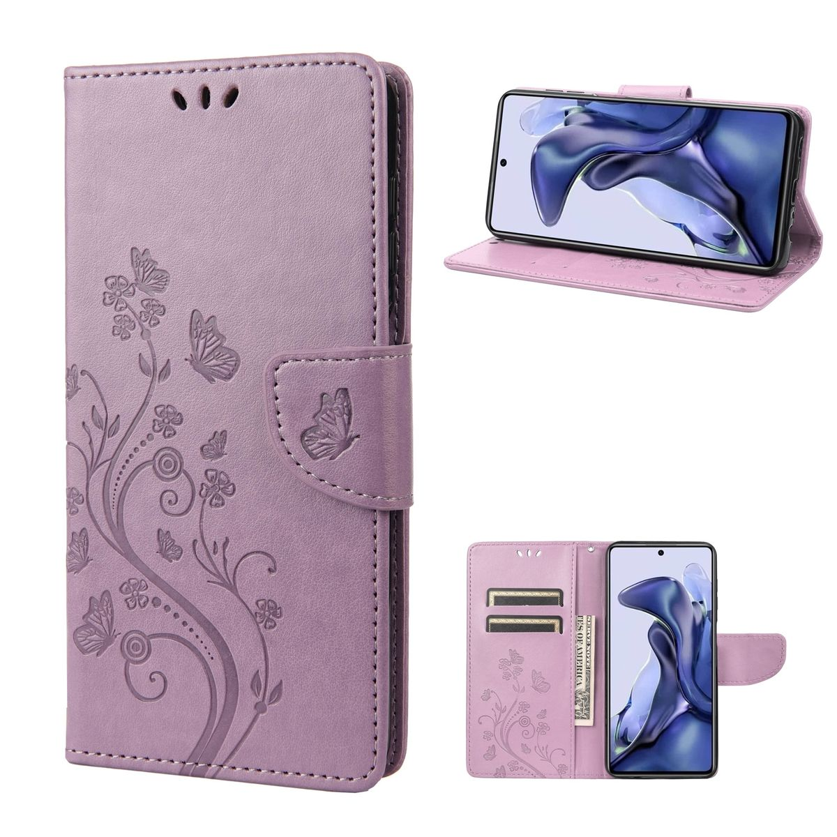 Lila Handyhülle mit Schmetterlingsdesign. Hält ein Telefon. Kartenfächer und Magnetverschluss. Mit Ständer.