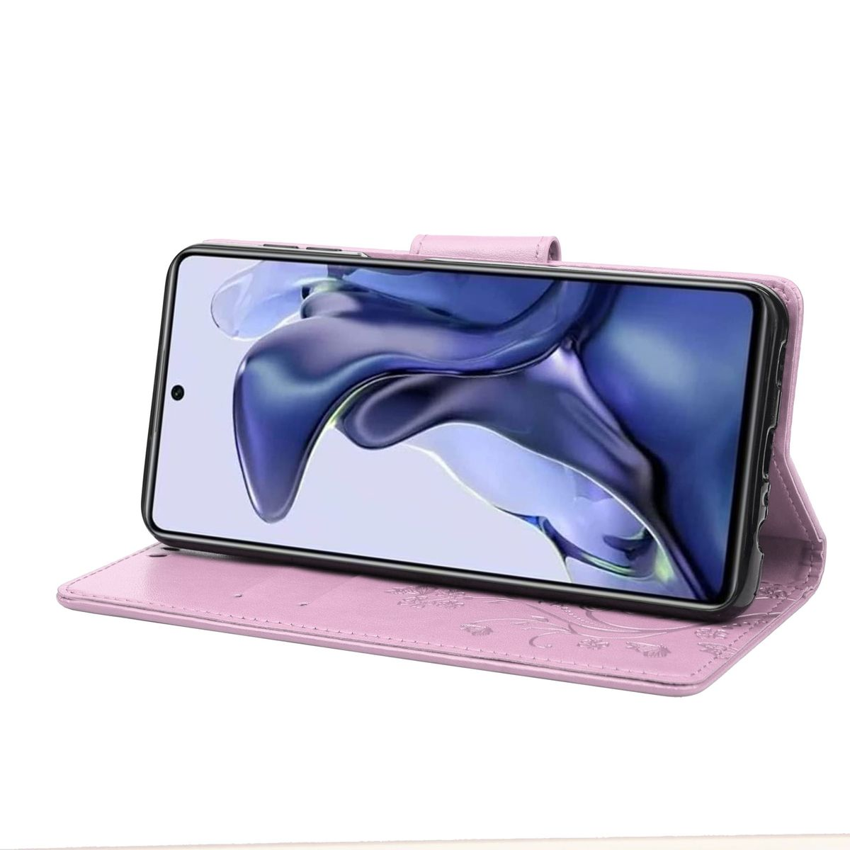 Rosa Handyhülle, offen, mit Telefon. Die Hülle hat ein Blumendesign.