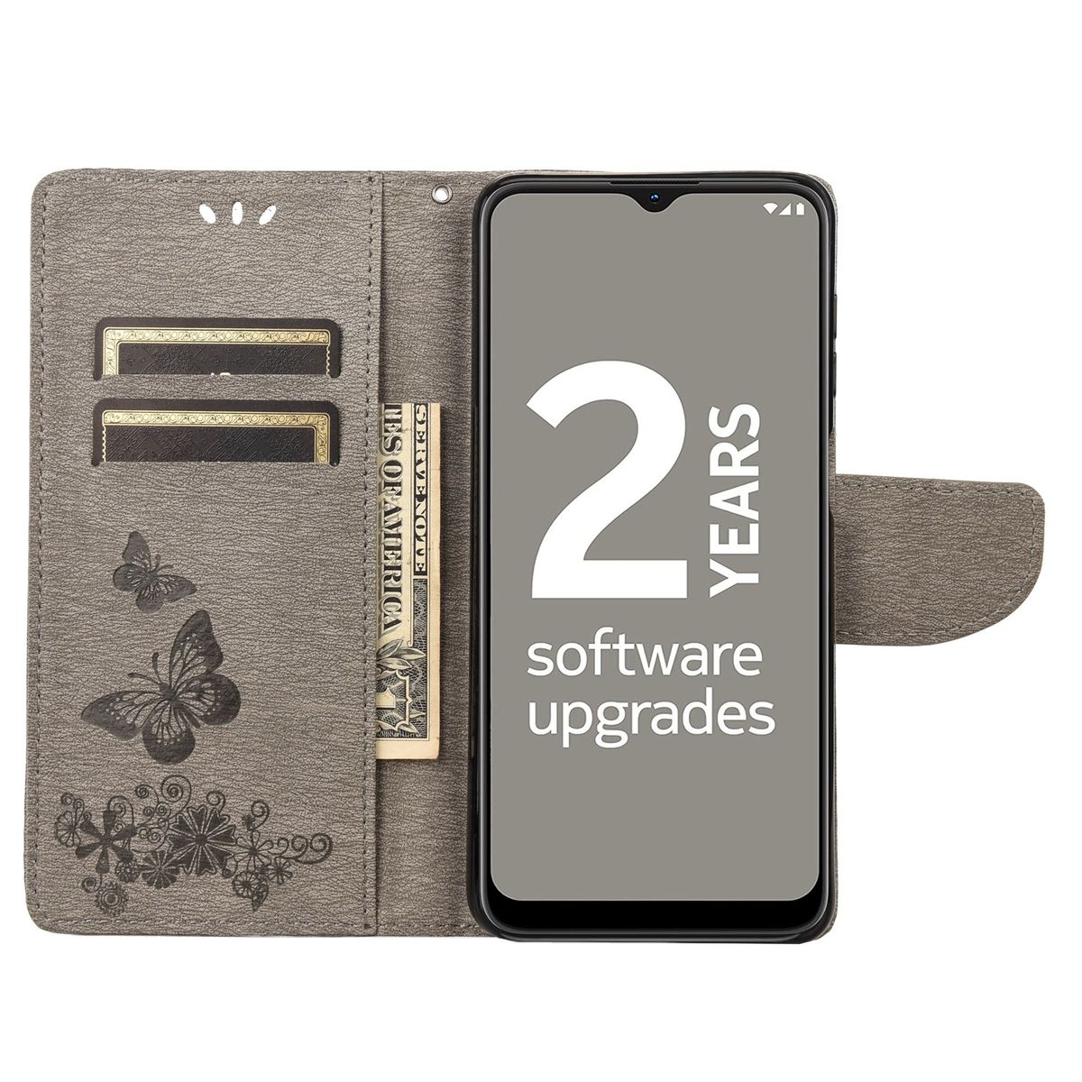 Graue Handyhülle, offen mit Telefon und Geld. Text: 2 Jahre Software-Upgrades.