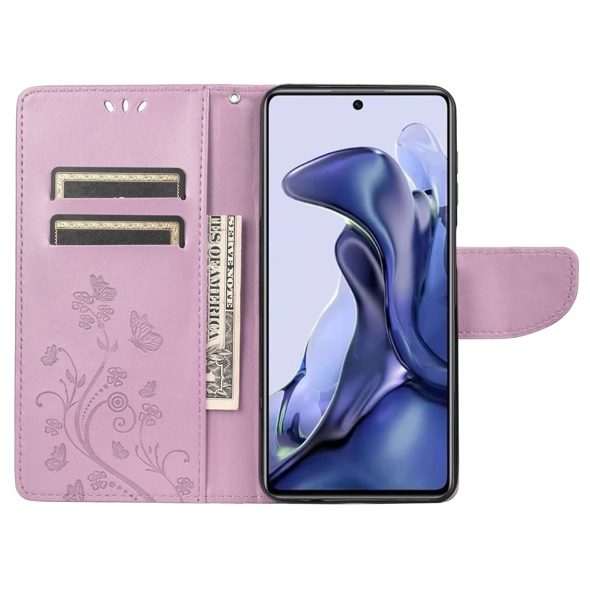 Rosa Handyhülle offen, mit Telefon und Dollarnote. Blumendesign und Kartenfächer sichtbar.