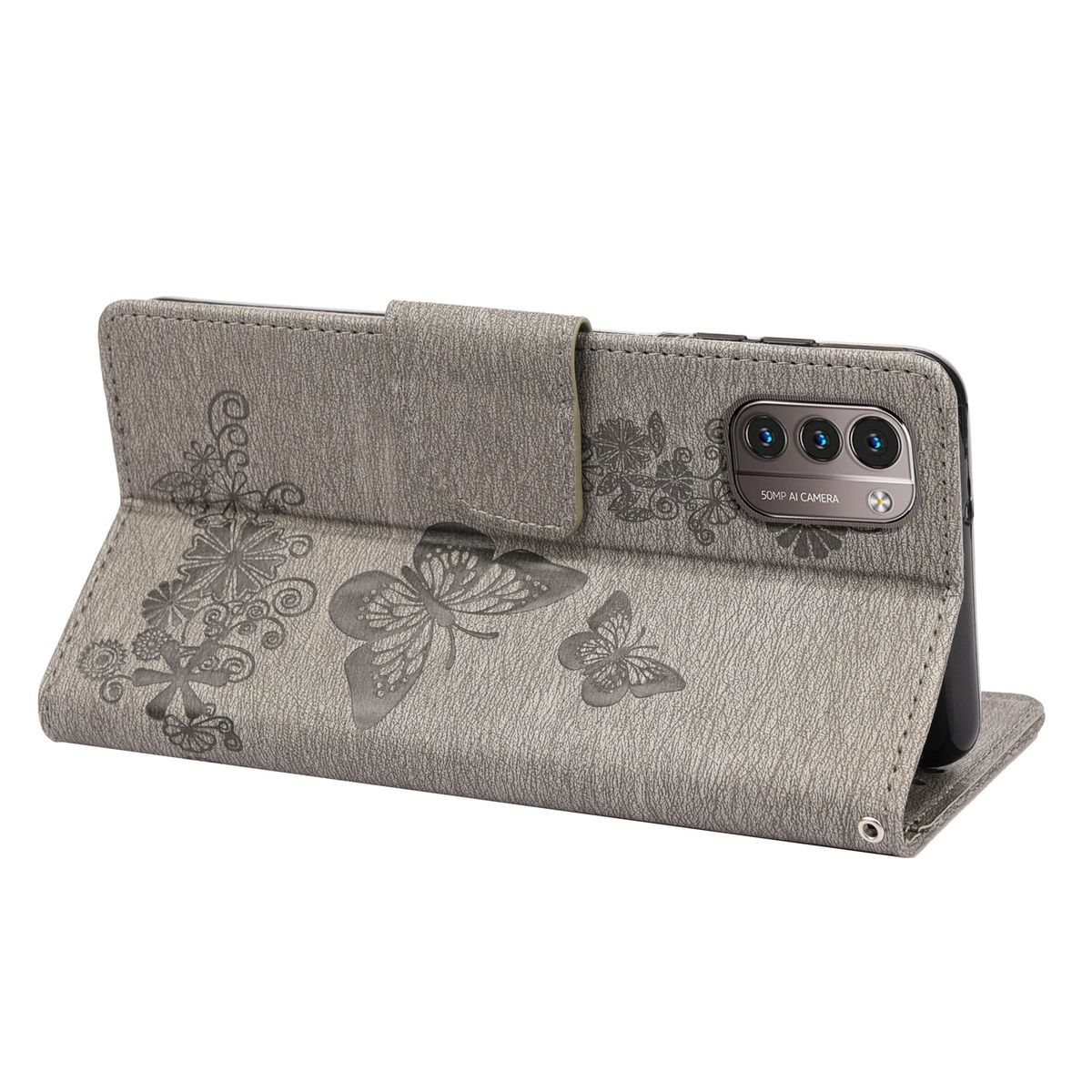 Graue Handyhülle, offen, mit Schmetterlingsdesign. Telefon mit sichtbarer Kamera.