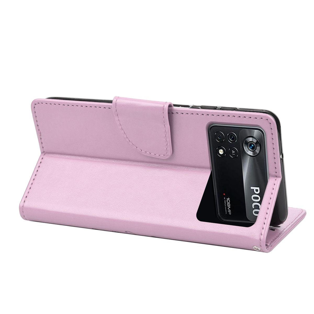 Rosa Handyhülle mit Klappe und Telefon. Die Hülle hat einen Ausschnitt für die Kamera.