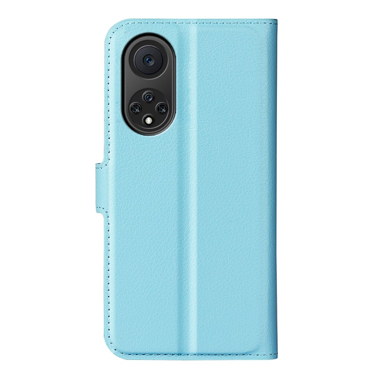 Hellblaue Handyhülle, geschlossen. Die Kamera ist sichtbar. Ein Telefon ist darin.
