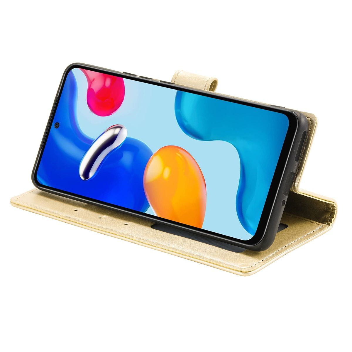 Goldene Handyhülle mit Telefon. Der Bildschirm zeigt eine abstrakte Kunst.