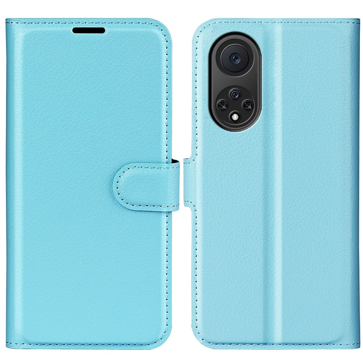 Hellblaue Handyhülle, offen, mit einem Telefon im Inneren. Die Hülle ist eine Geldbörsenhülle.
