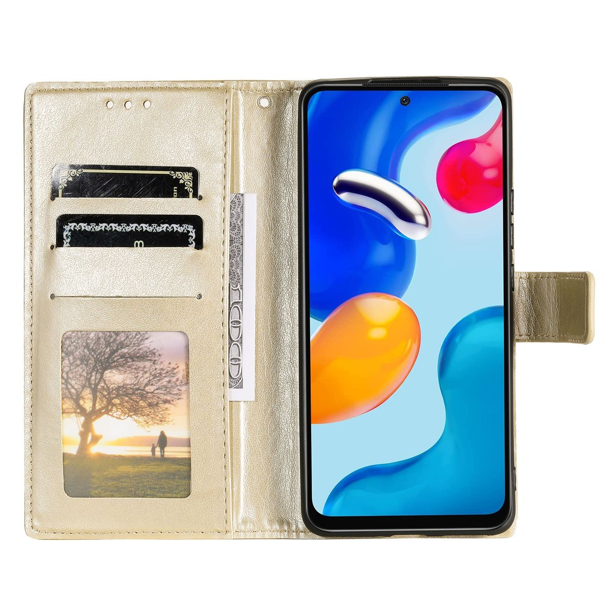 Goldene Handyhülle, offen, mit Karten und Telefon. Foto und Karten sind sichtbar.
