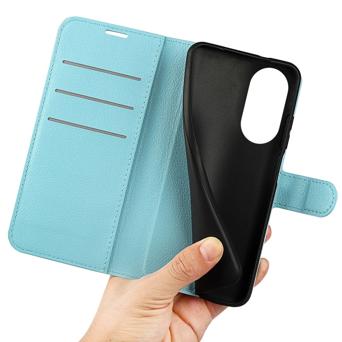 Himmelblaue Handyhülle geöffnet. Schwarze Handyhülle innen. Hand hält die Hülle. Hintergrund: weiß.