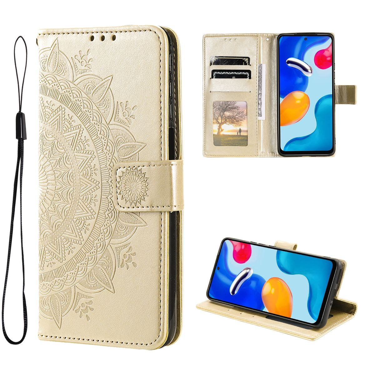 Hellbraune Handyhülle mit Mandala-Design. Innen Telefon, Karten und Bild.