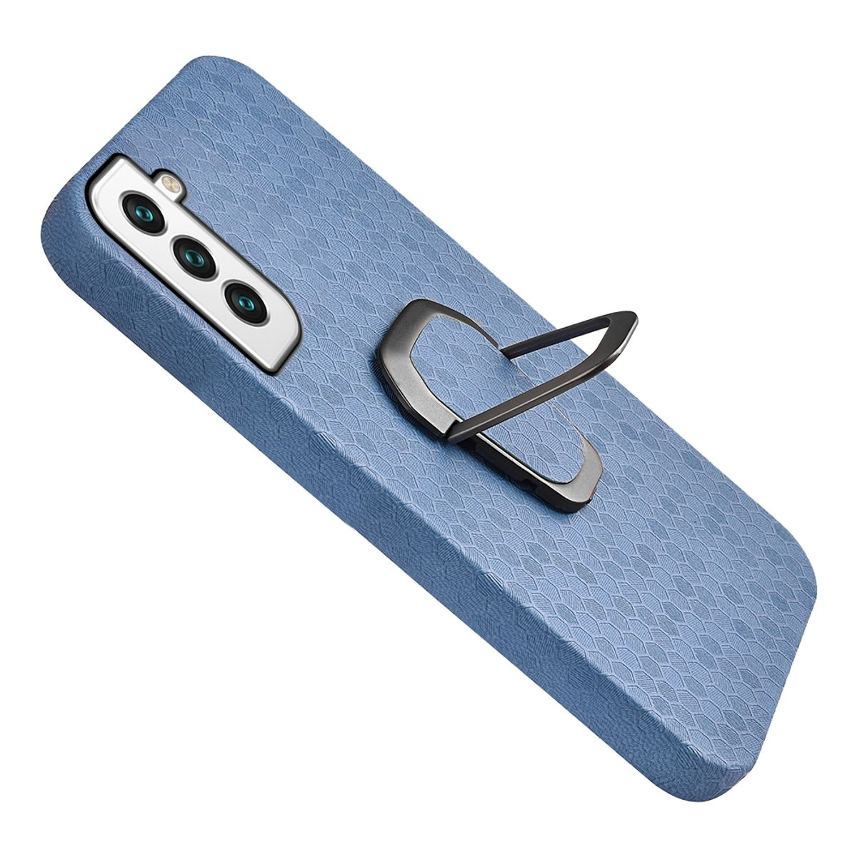 Blaue Handyhülle mit Ringhalter und silbernem Kameramodul.