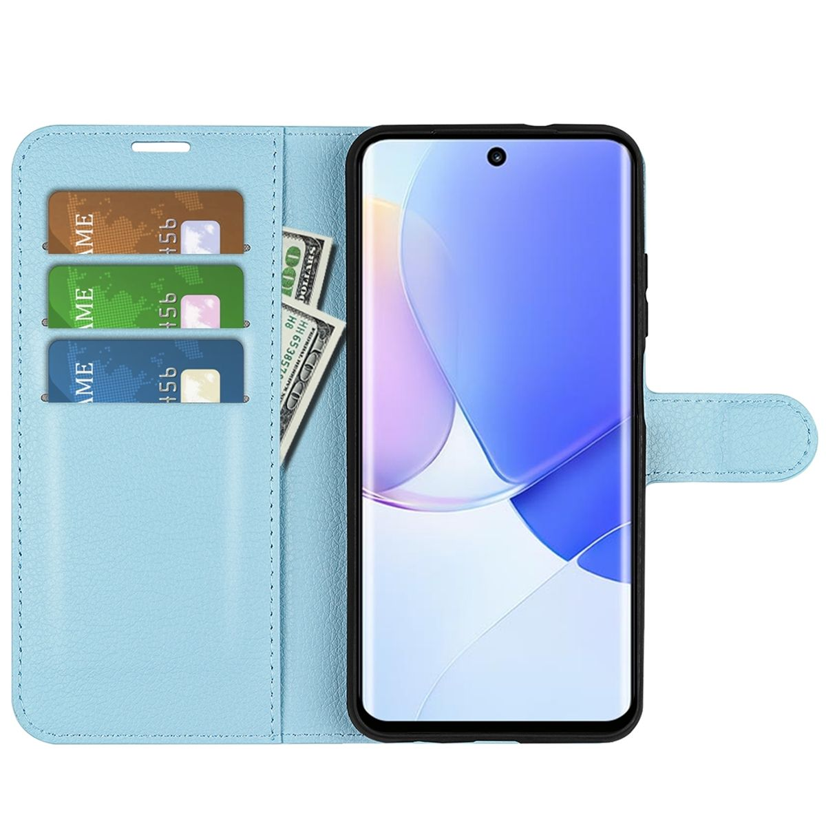 Hellblaue Handyhülle offen mit Telefon im Inneren. Karten und Geld sind sichtbar. Weißer Hintergrund.