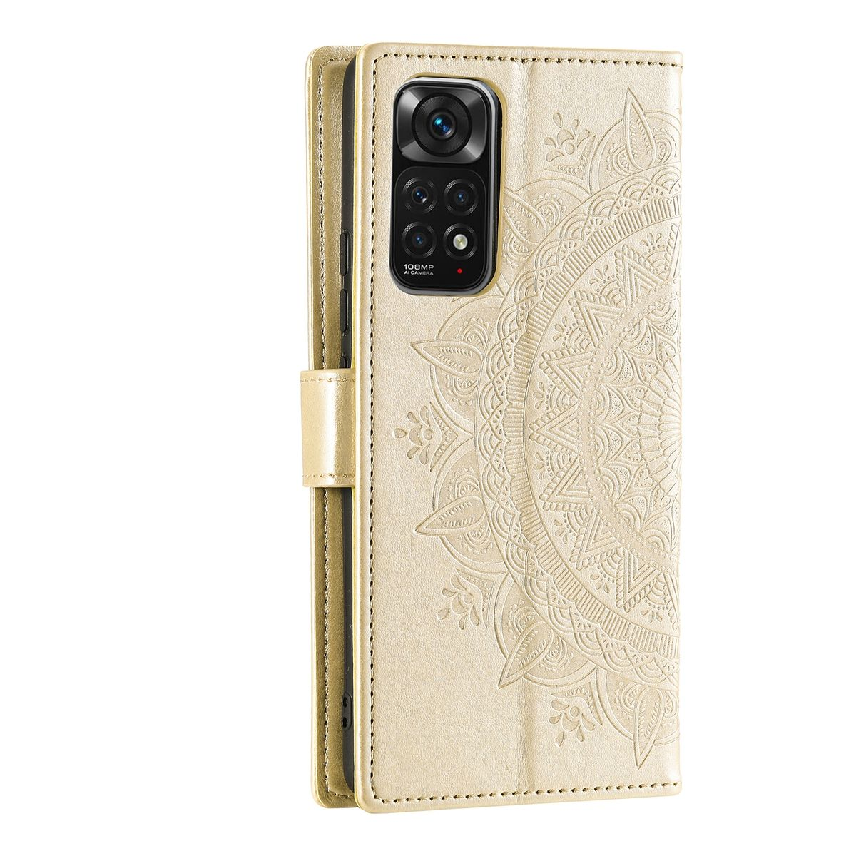 Goldene Handyhülle geöffnet, mit dekorativem Mandala-Muster. Die Handyhülle ist geöffnet und hat ein Telefon drin.