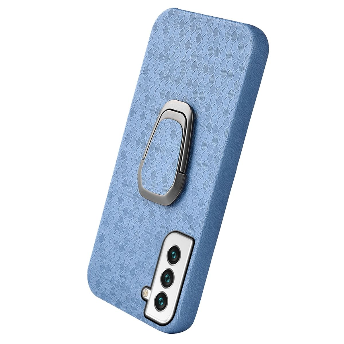 Blaue Handyhülle mit Ringhalter und Dreifachkamera.