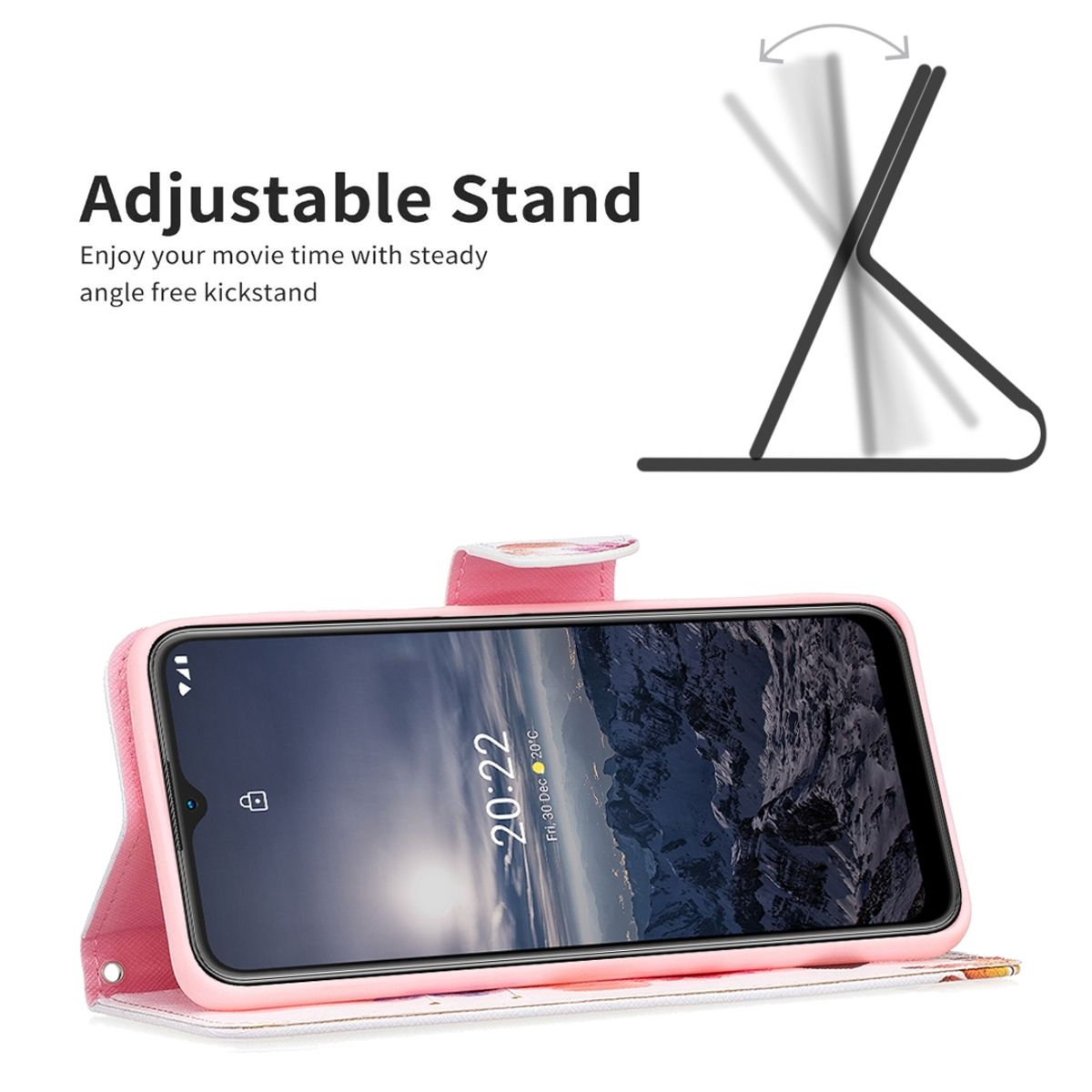 Telefon mit Ständerfunktion, Hülle ist rosa, Text sagt Verstellbarer Ständer, und Uhrzeit 20:22.