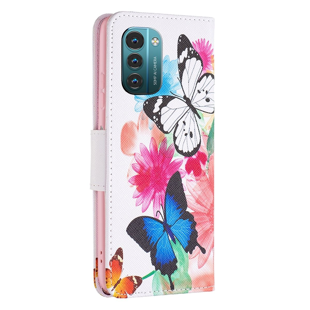 Weiße Handyhülle mit Schmetterlings- und Blumendruck. Die Hülle ist offen, das Telefon ist sichtbar.