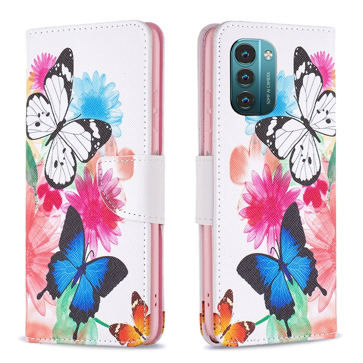 Geöffnete weiße Handyhülle mit bunten Schmetterlingen und Blumen. Telefon ist auf der rechten Seite.