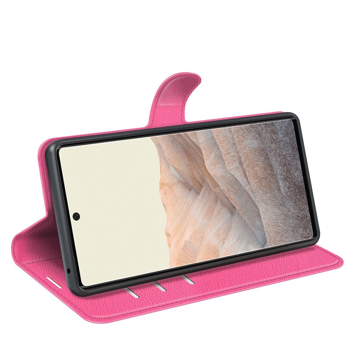 Rosa Handyhülle offen, schwarzes Telefon darin. Die Hülle auf weißem Grund.