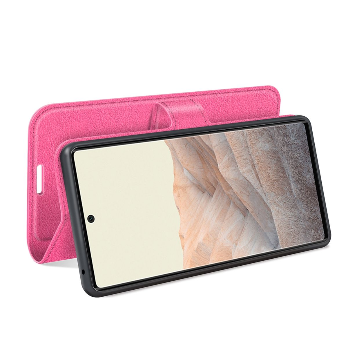 Rosa Handyhülle mit Telefon. Das Telefon ist schwarz und die Hülle ist offen.