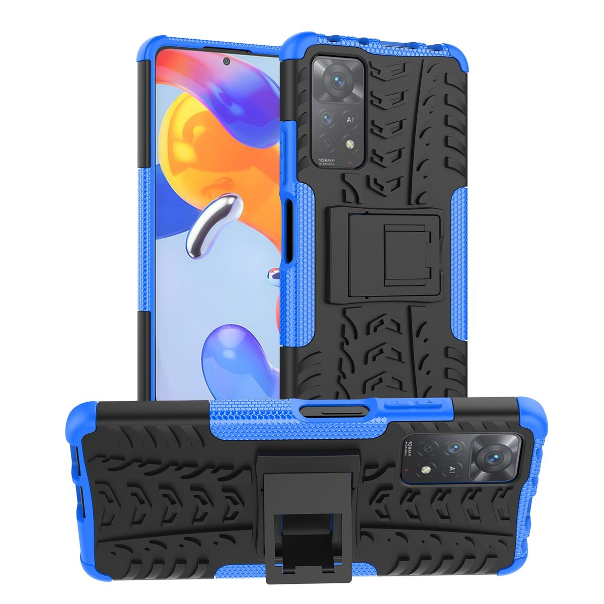 Blau-schwarze Handyhülle mit Reifenprofil-Design. Mehrere Ansichten werden gezeigt. Telefon darin.