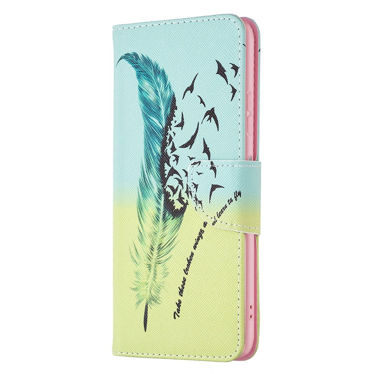 Handyhülle mit Feder- und Vogeldesign, geöffnet, zeigt einen rosa Innenraum und ein Telefon.