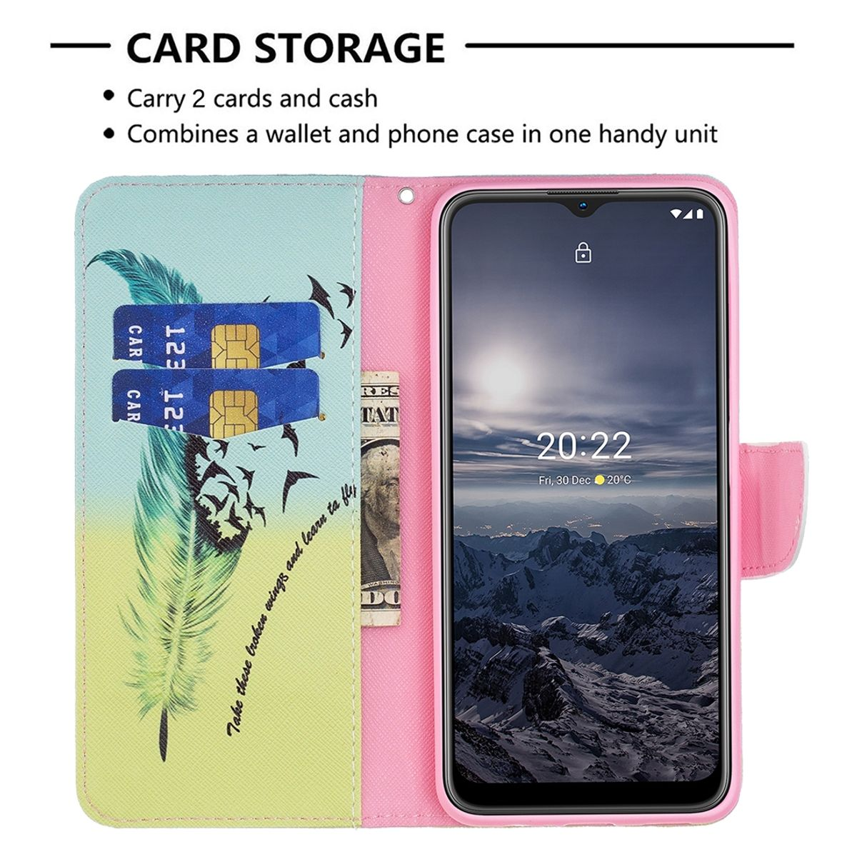 Rosa Handyhülle mit Karten, Telefon und Geld. Federdesign links.