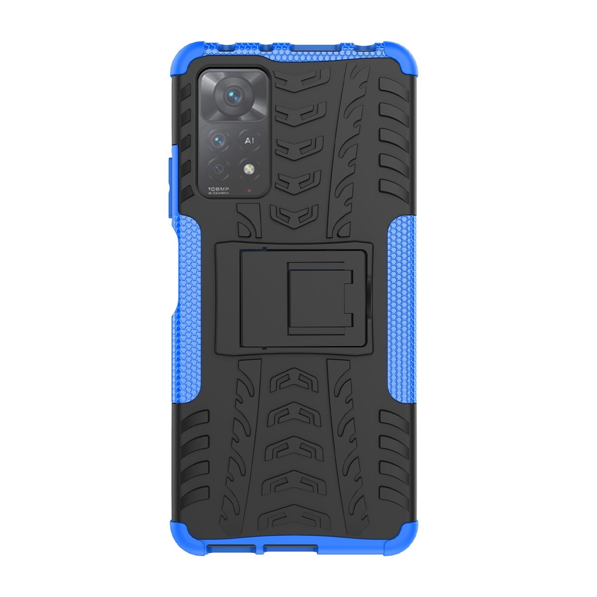 Eine blau-schwarze Handyhülle mit Ständer und robustem Design. Sie liegt auf einer dunklen Oberfläche.