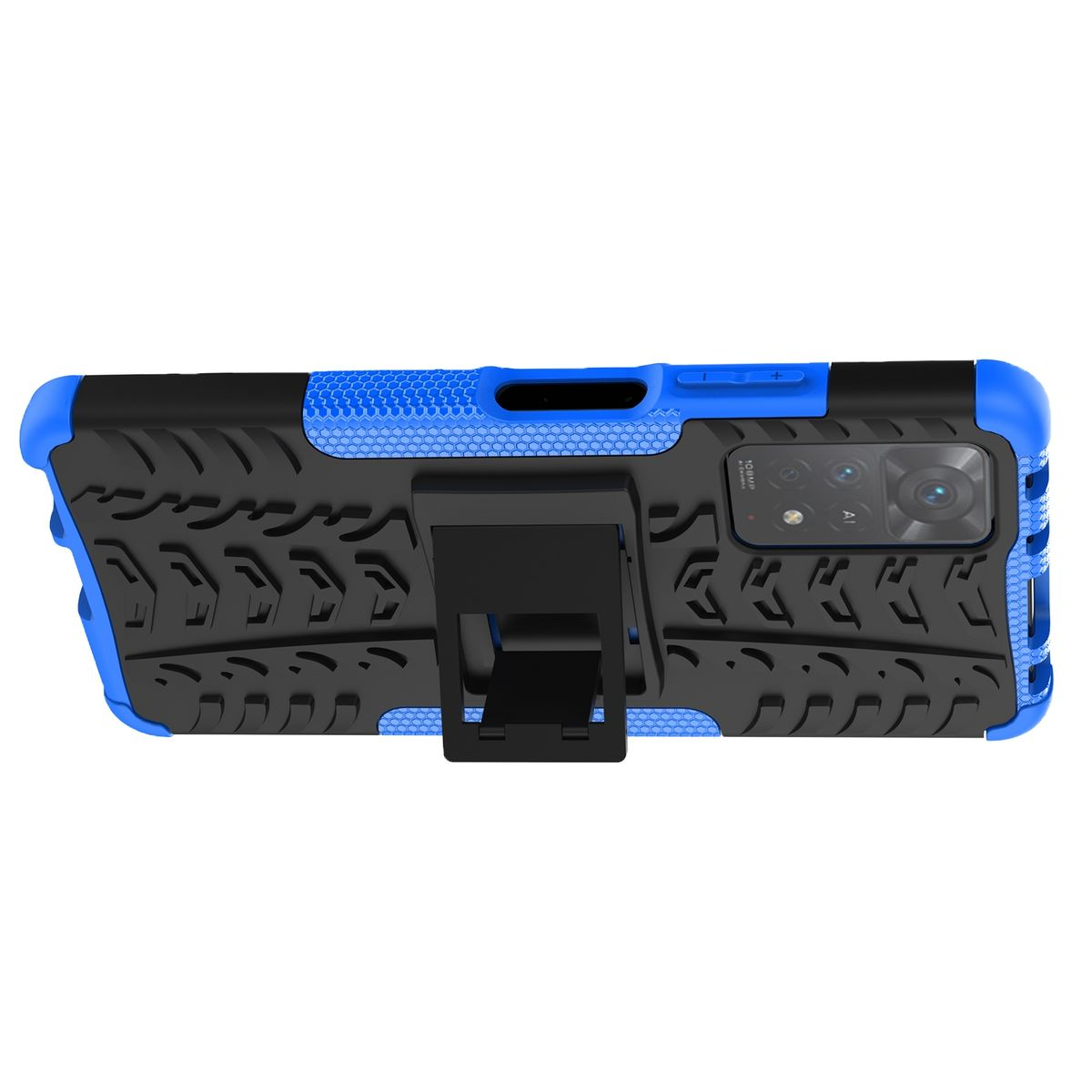 Eine blaue Handyhülle, schwarz-blaues Design. Die Hülle ist offen mit einem Ständer auf der Rückseite.