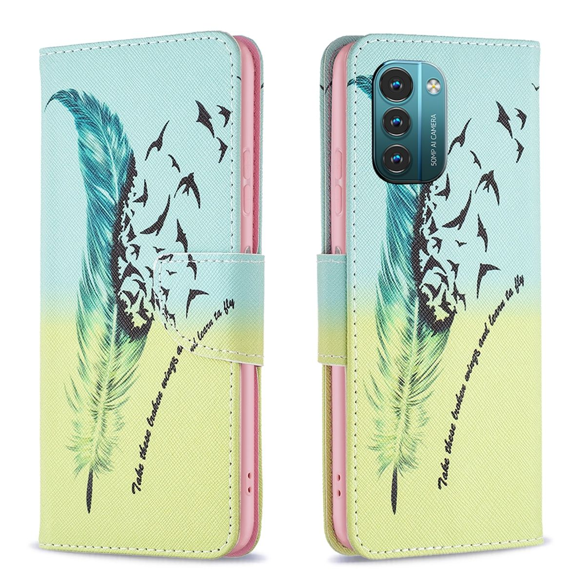 Handyhülle mit Federdesign. Vögel fliegen auf der Hülle. Der Hintergrund ist weiß.