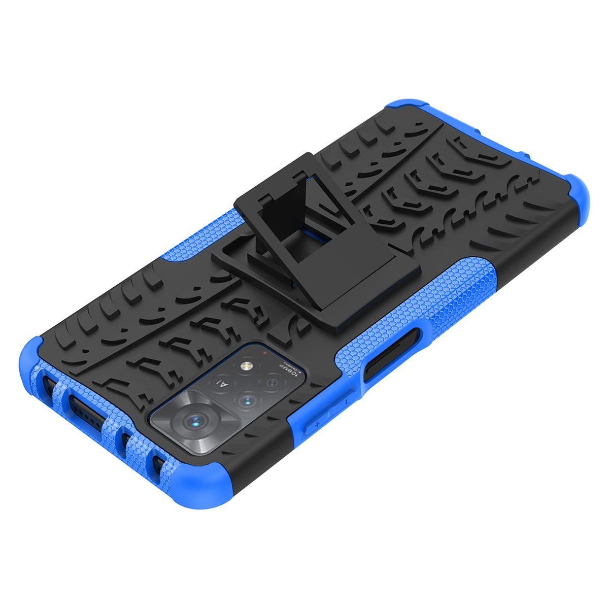 Schwarz-blaue Handyhülle. Mit Ständer und Reifenprofil-Design.