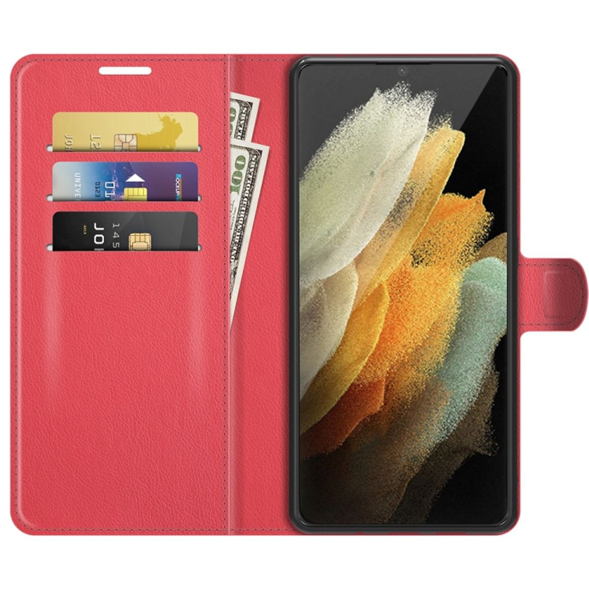 Rote Handyhülle geöffnet mit Karten und Geld. Ein Telefon befindet sich in der Hülle.