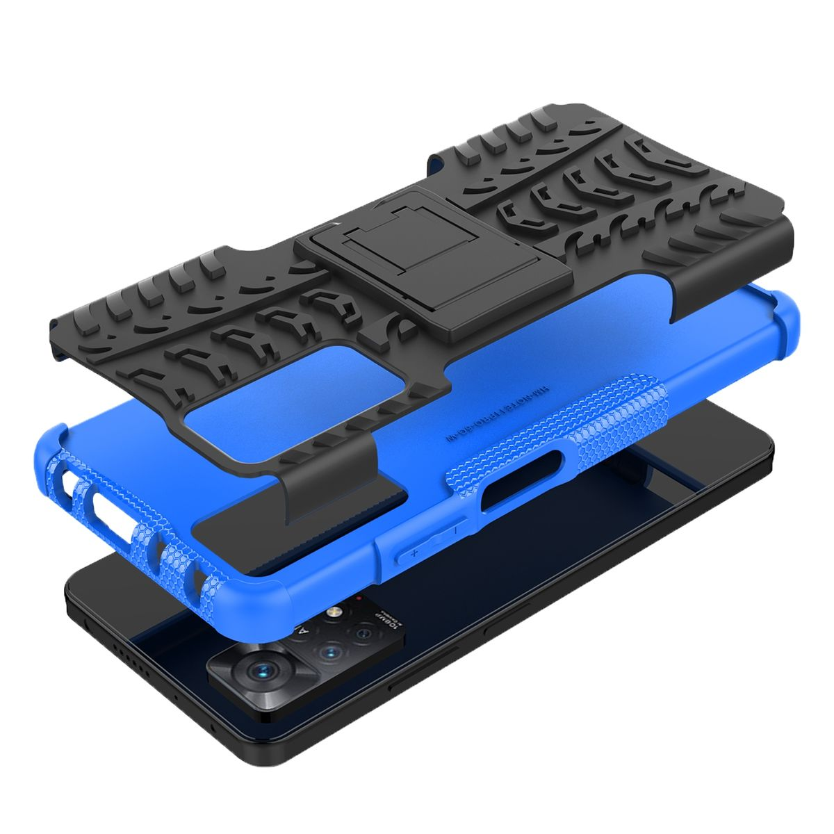 Handyhüllen-Schichten. Schwarze obere Schicht, blaue Mitte und ein Telefon unten.