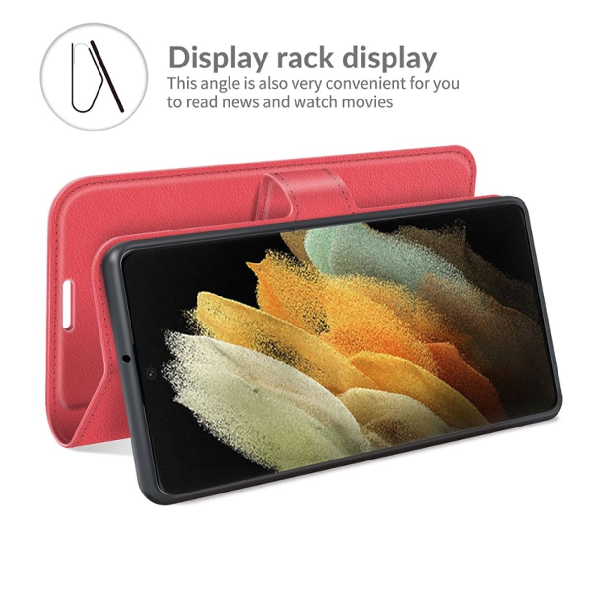 Rote Handyhülle, offen mit Telefon. Das Telefon zeigt ein blau-rotes Display.