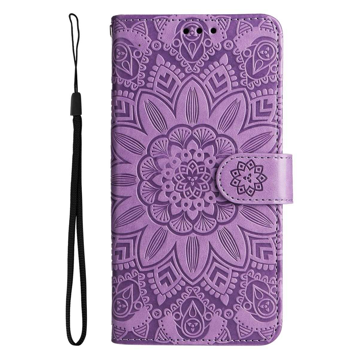 Lila Handyhülle mit floralem Design. Sie hat einen Riemen und einen Magnetverschluss. Der Hintergrund ist weiß.