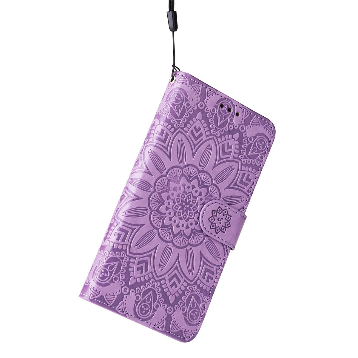 Lila Handyhülle mit Mandala-Design. Die Hülle ist geschlossen und hat einen Riemen. Das Muster ist geprägt.