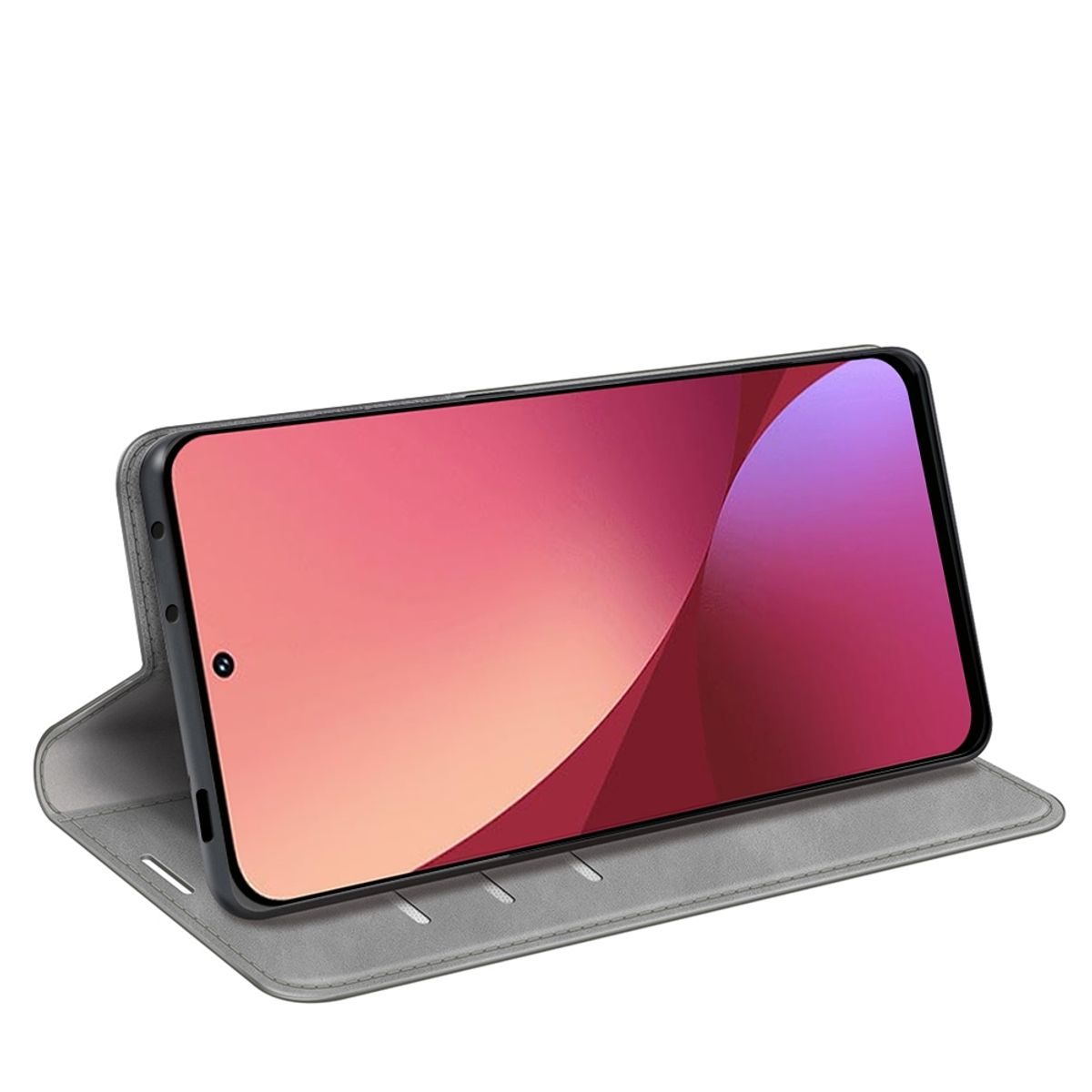Graue Handyhülle mit Telefon, offen. Bildschirm zeigt rosa und roten Farbverlauf.
