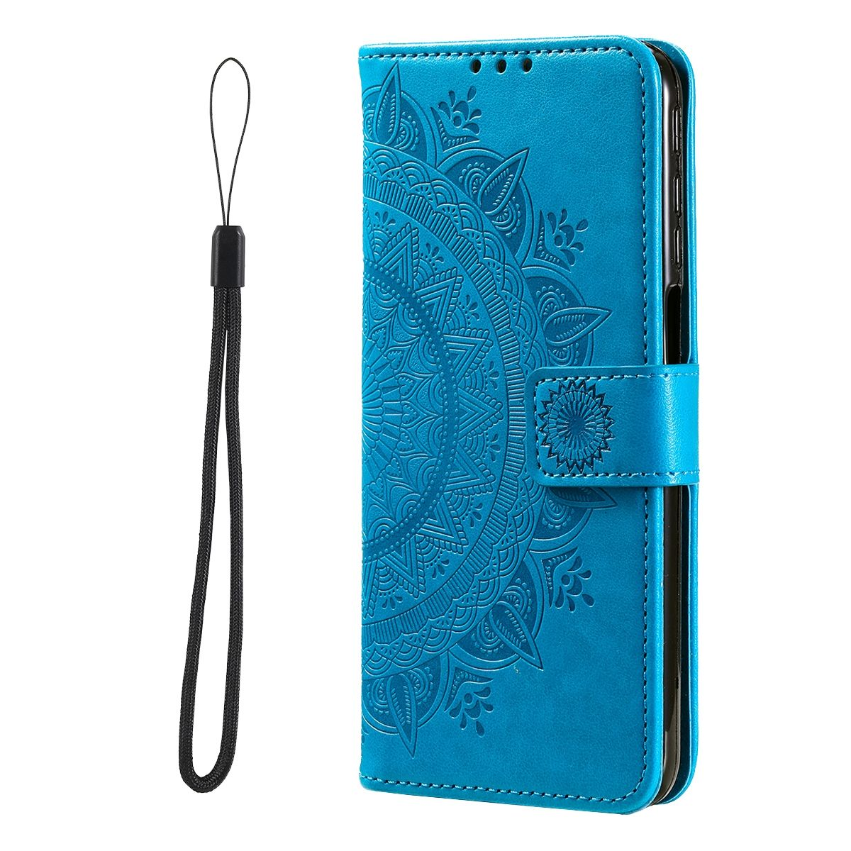 Blaue Handyhülle mit Mandala-Design, offen mit Riemen.