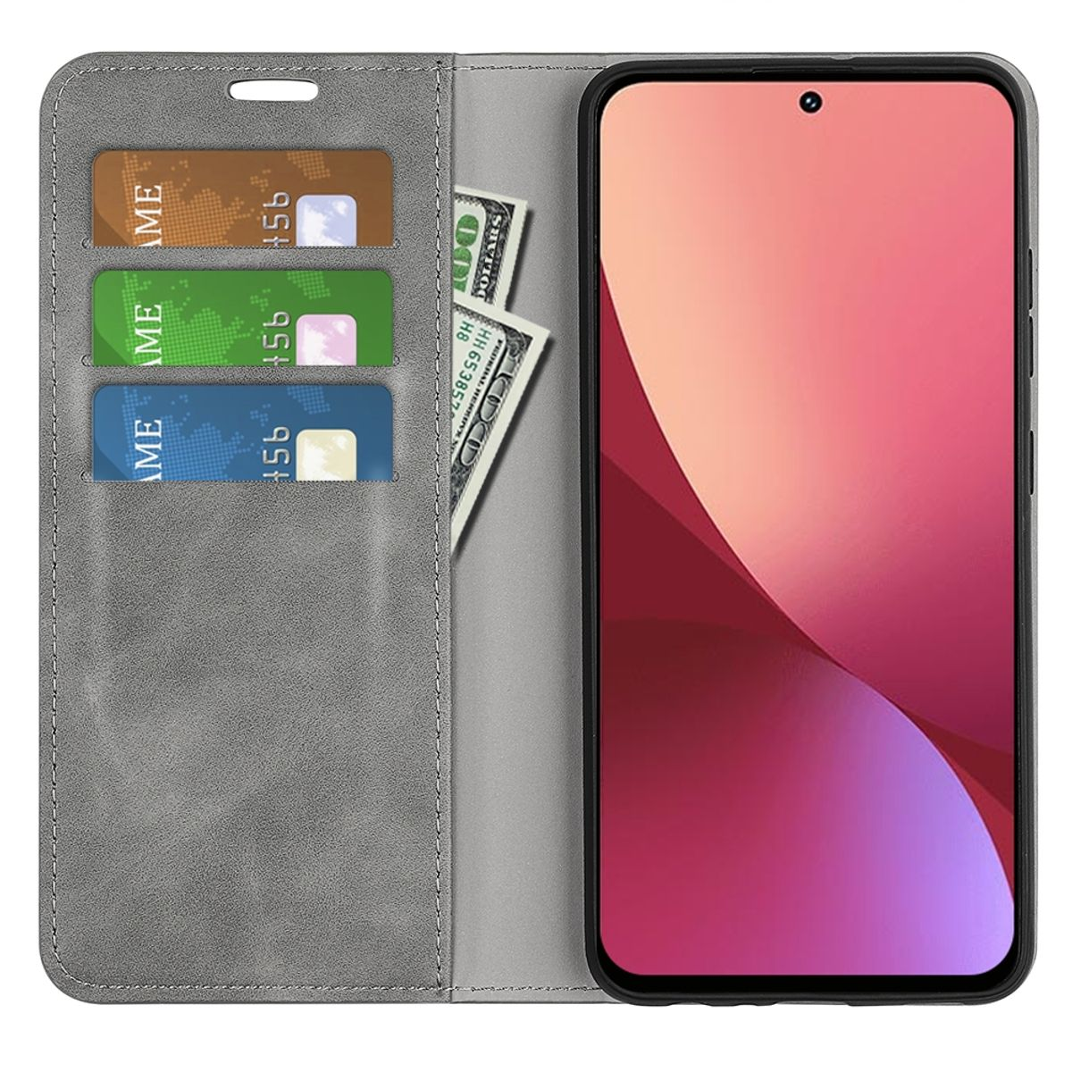 Graue Handyhülle offen mit Karten und Bargeld. Telefon zeigt dunkles Design.