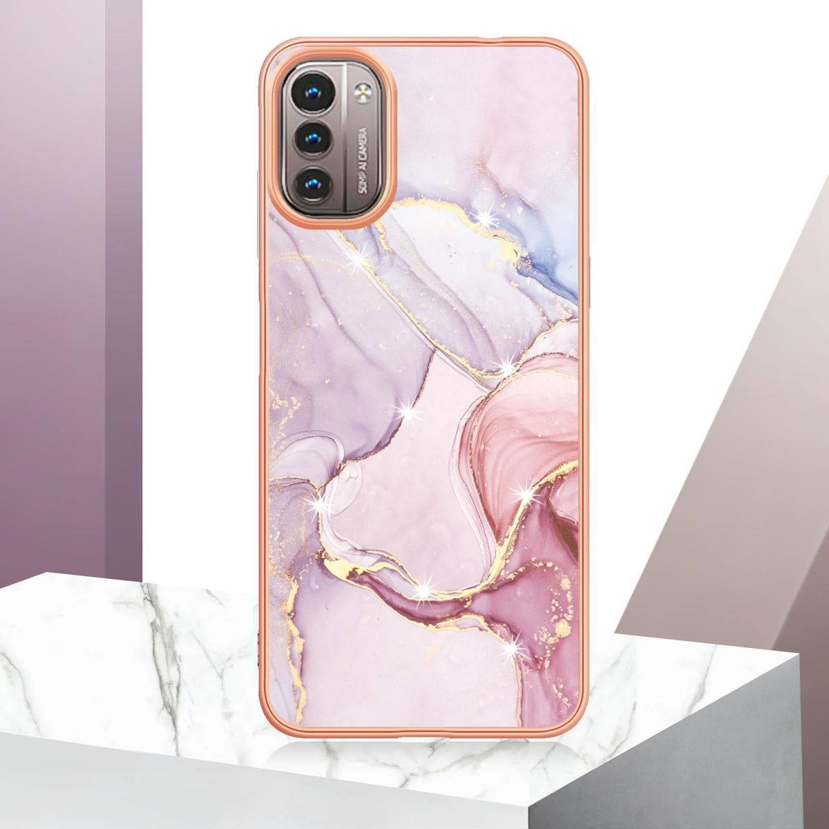 Handyhülle mit rosa Marmormuster und einem Telefon darin. Das Telefon hat einen goldenen Rahmen.