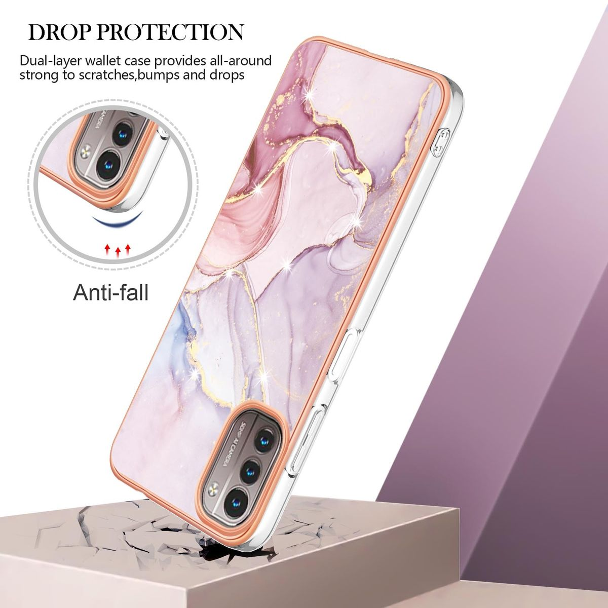 Handyhülle mit Marmordesign. Text: Fallschutz. Telefon auf einer Oberfläche. Weißer Hintergrund.