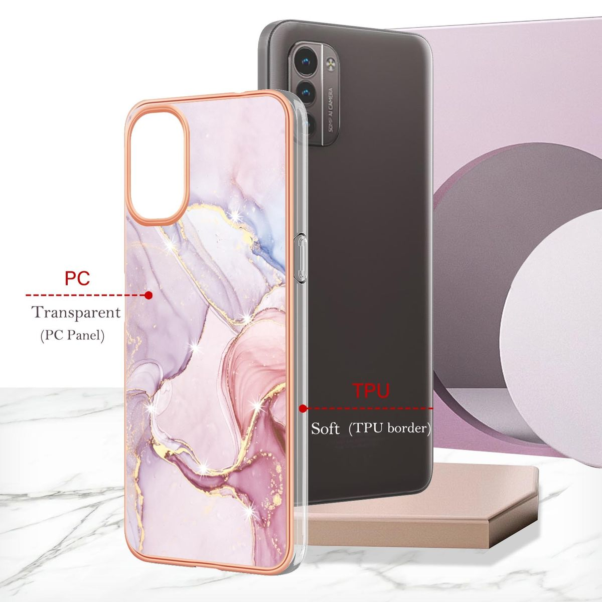 Transparente Handyhülle mit Marmor-Design und schwarzem Telefon.