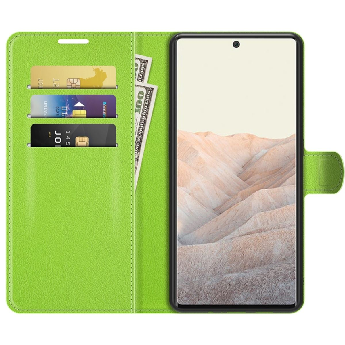 Grüne Handyhülle offen, Telefon mit Karten und Geld darin. Weißer Hintergrund.