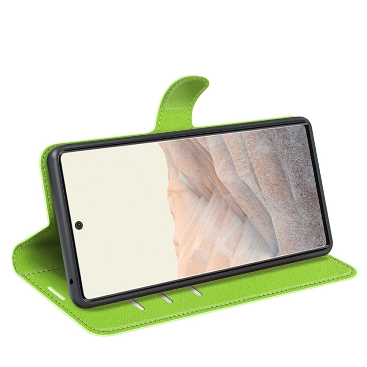 Offene grüne Handyhülle mit Telefon darin. Schwarzer Rand um den Bildschirm. Weißer Hintergrund.