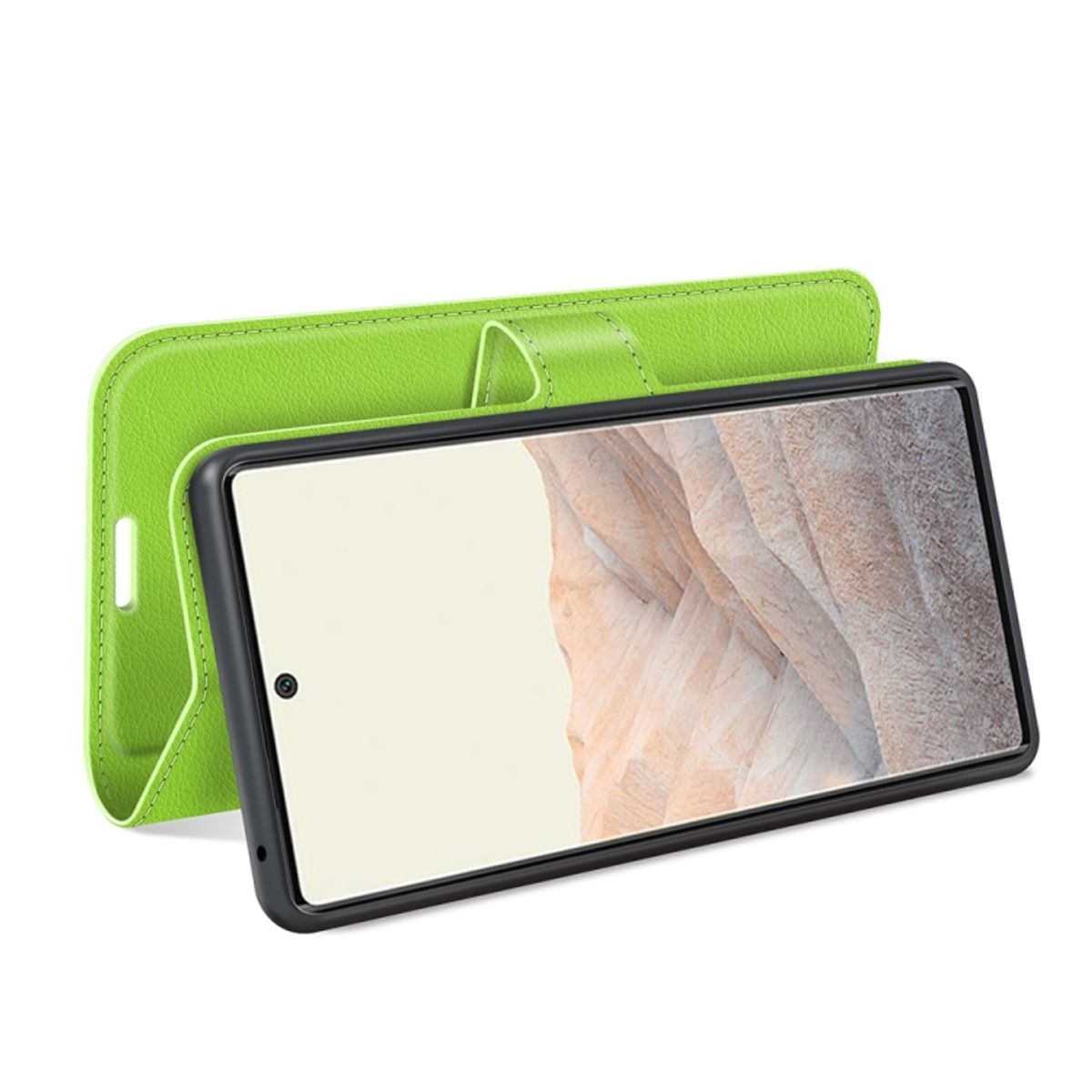 Grüne Handyhülle mit Display. Telefonbildschirm zeigt weißes Bild.