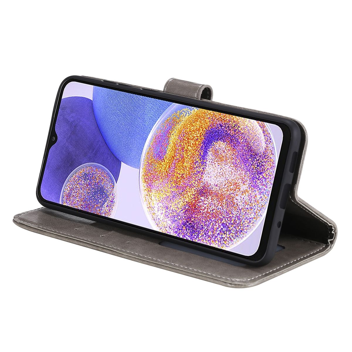 Graue Handyhülle mit Telefon, zeigt 3D-Blasenbild, in Ständerposition. Die Hülle ist offen.