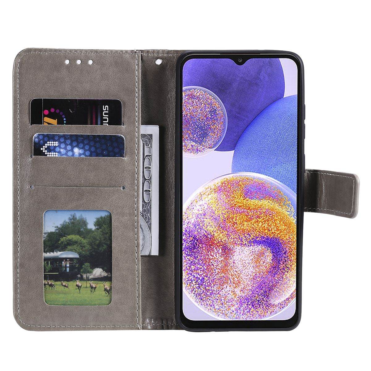 Graue Brieftaschen-Handyhülle. Sie hat Kartenfächer, ein Bildfach und hält einen Geldschein. Telefonbildschirm zeigt Design.