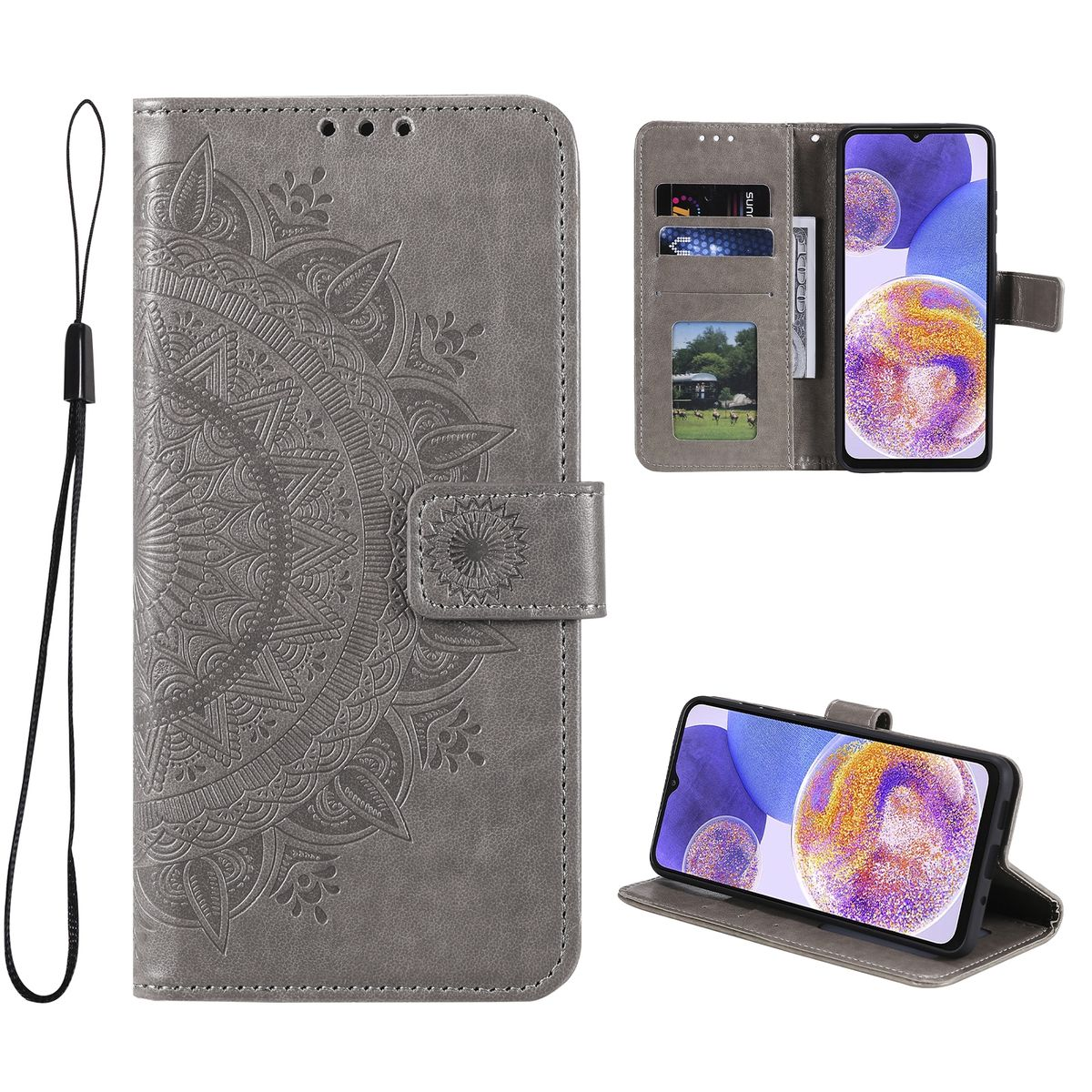 Graue Handyhülle mit Mandala-Design. Telefon im Case. Karten und Geld sind sichtbar.