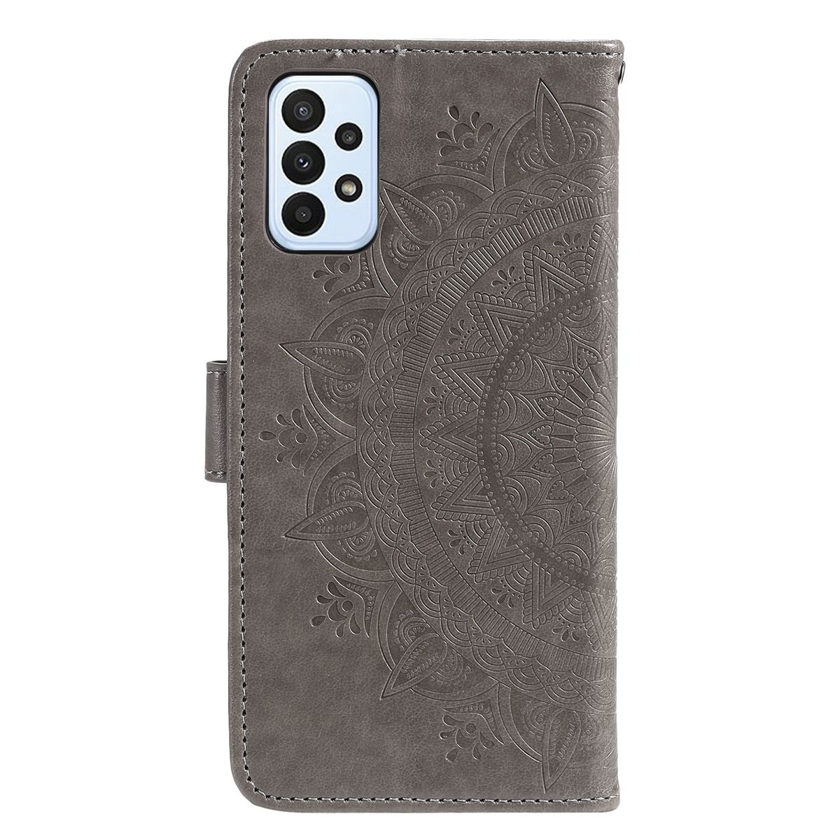 Graue Handyhülle mit einem geprägten Mandala-Design auf der Rückseite.